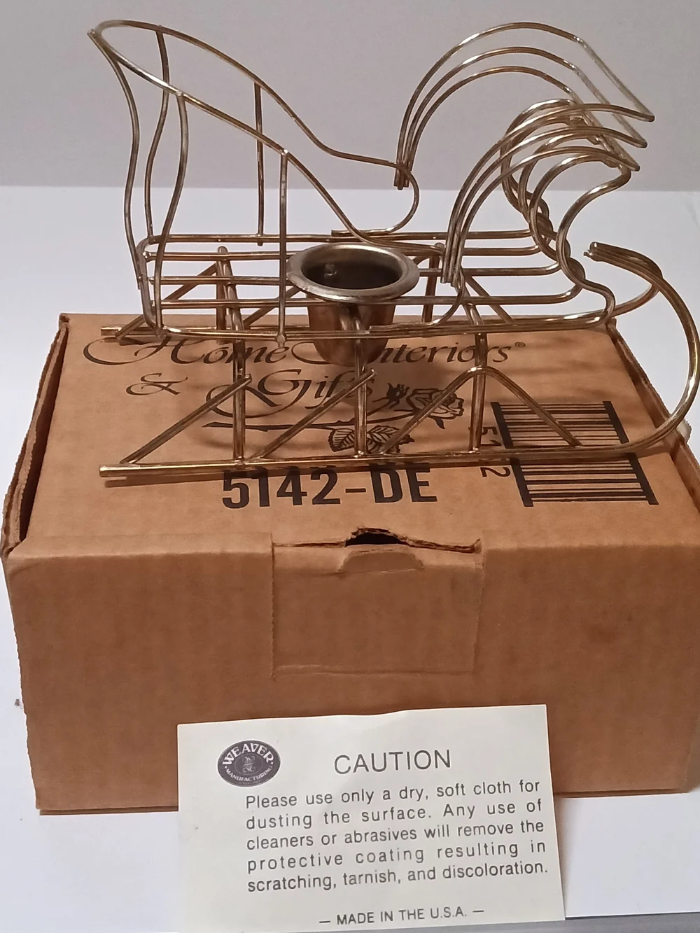 Vintage Home Interiors Brass Wire Sleigh Candle Holder Christmas Decor Boxed